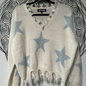 Women's Cream Sweater with Blue Stars